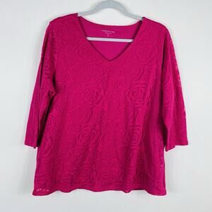 Coldwater Creek Top XL 16 Pink Rose Floral Burnout 3/4 Sleeve V-Neck T-Shirt Tee